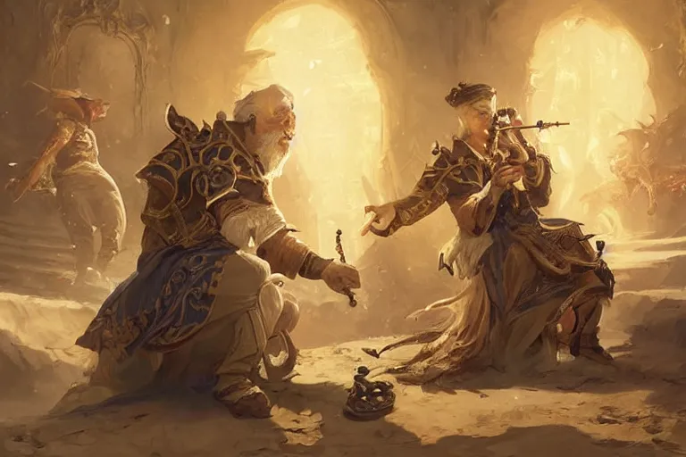 Prompt: an old musician teaching its artificer apptentice a visual melody in the baroque era, hearthstone art style, epic fantasy style art by Craig Mullins, fantasy epic digital art, epic fantasy card game art by Greg Rutkowski