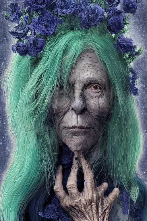 Prompt: portrait of a old woman with cracked manatee skin. dark blue-green hair, dark flower pattern wallpaper background, high detail, by Eddie Mendoza