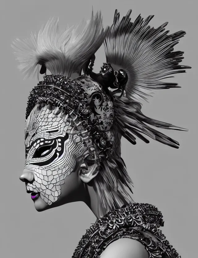 Image similar to 3 d goddess close - up profile simple portrait punk with mohawk with goat skull. beautiful intricately detailed japanese crow kitsune mask and clasical japanese kimono. betta fish, jellyfish phoenix, bio luminescent, plasma, ice, water, wind, creature, artwork by tooth wu and wlop and beeple and greg rutkowski