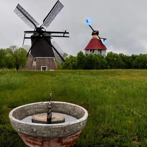 Prompt: a wishing well next to a windmill during a storm