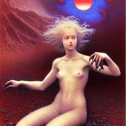 Image similar to cute young vampire tomboy girl with short short short dark hairs on lovecraftian planet by jean delville by luis royo and wayne barlowe, beksinski