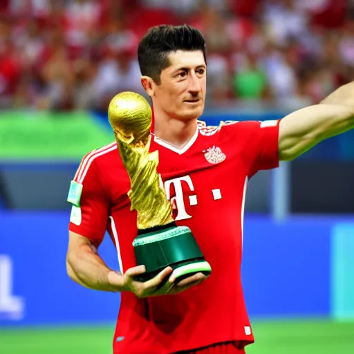 Image similar to portrait of Robert Lewandowski holding World Cup trophy, 4k, hq, high details, natural light, perfect quality, professional photography, award winning photo, a lot of details, perfect face