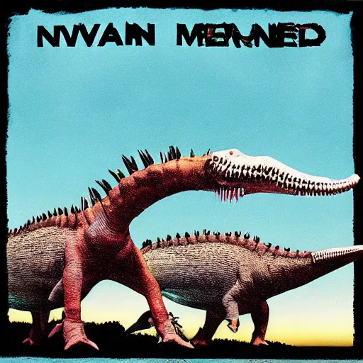 Image similar to nirvana nevermind album cover with a spinosaurus