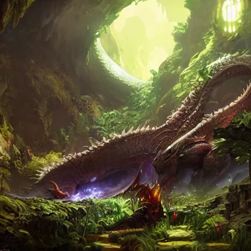 Image similar to Giant Dragon resting in a cave, natural light, lush plants and flowers, elegant, intricate, fantasy, atmospheric lighting, by Greg rutkowski, league of legends splash art