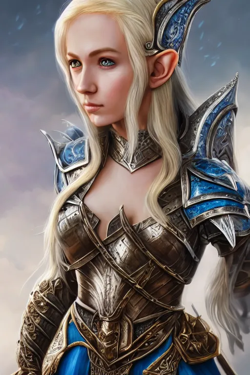 Image similar to highly detailed full body portrait painting of a proud young female elven knight in the style of Warhammer Fantasy by Artgerm and Arian Mark, medium length blonde hair, blue eyes, sapphire earrings, no helmet, low angle shot, highly detailed, trending on artstation, cgsociety, 4k, 8k, HDR, octane render, unreal engine