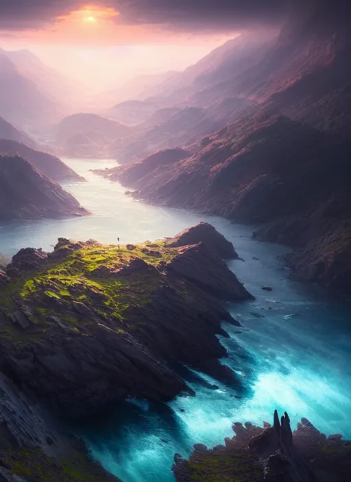 Image similar to nature landscape, aerial view, drone photography, cinematic, mountains and ocean, cinematic view, epic sky, detailed, concept art, high detail, warm lighting, volumetric, godrays, vivid, beautiful, trending on artstation, by jordan grimmer, art greg rutkowski