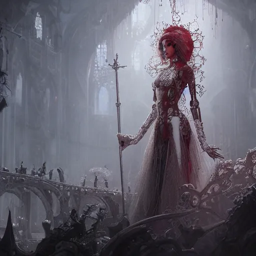 Image similar to female gothic robots with human organ and blood, dressed in white intricate lace, veils and jewels, epic environment, matte painting, diffused lighting, highly detailed, cinematic, epic atmosphere, digital art, trending on artstation, wide angle