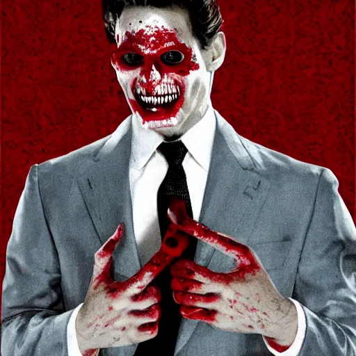 Image similar to patrick bateman ink red backdrop, sharp teeth, exposed skull :: graphic imagery