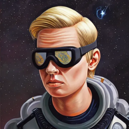 Image similar to painting of square - jawed emotionless serious blonde woman starship engineer, tribal tattoos, handsome, short slicked - back hair, sweating, uncomfortable and anxious, looking distracted and awkward, wearing victorian dark goggles, white tank top, cargo pants, and gloves, small spacecraft in background, highly detailed, mike mignogna, trending on artstation