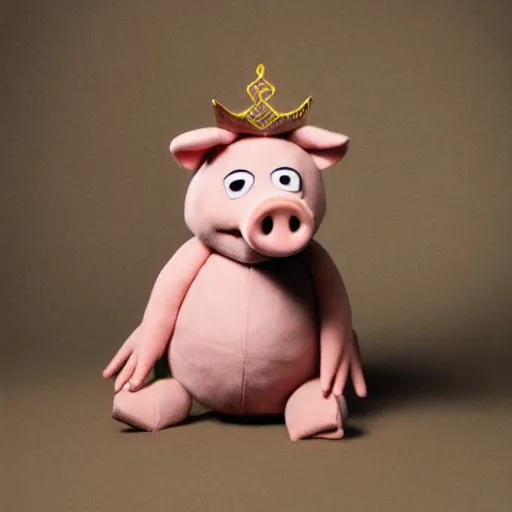 Image similar to studio photograph of a pig wearing a gold crown depicted as a muppet karate full body