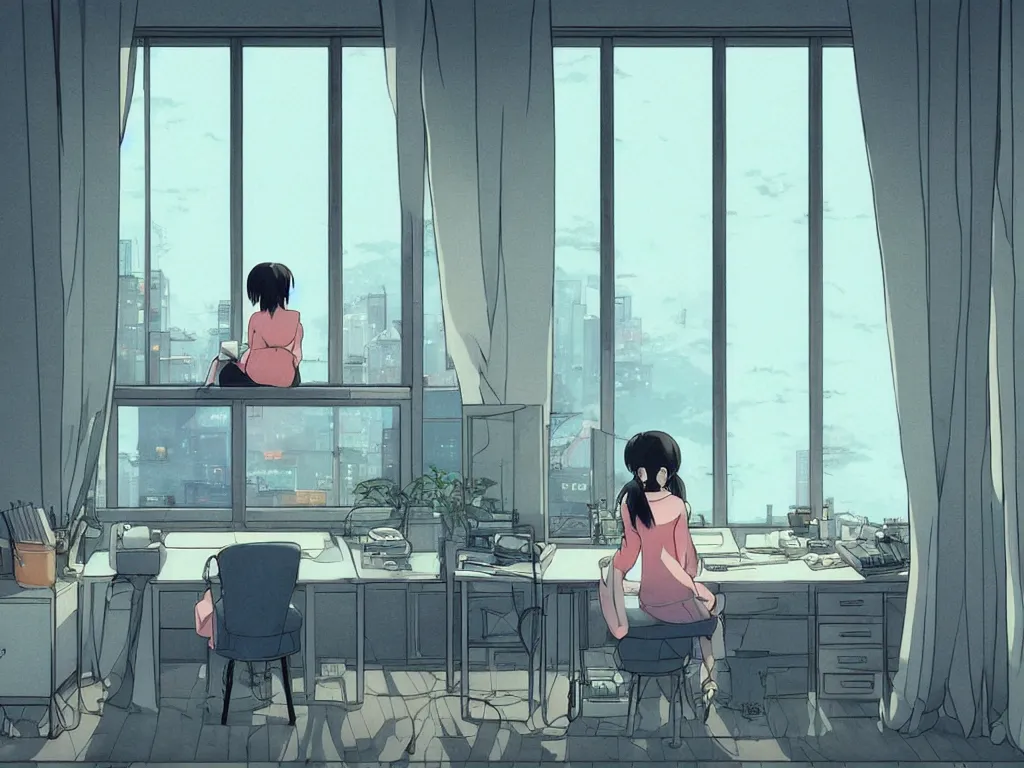 Prompt: beautiful drawing of a lonely female in her studio apartment sitting at her computer desk which is in front of a window which looks out to a futuristic city at night, japan, anime manga style, illustration, in the style of ghibli and hayao miyazaki and satoshi kon and shinichiro watanabe and makoto shinkai