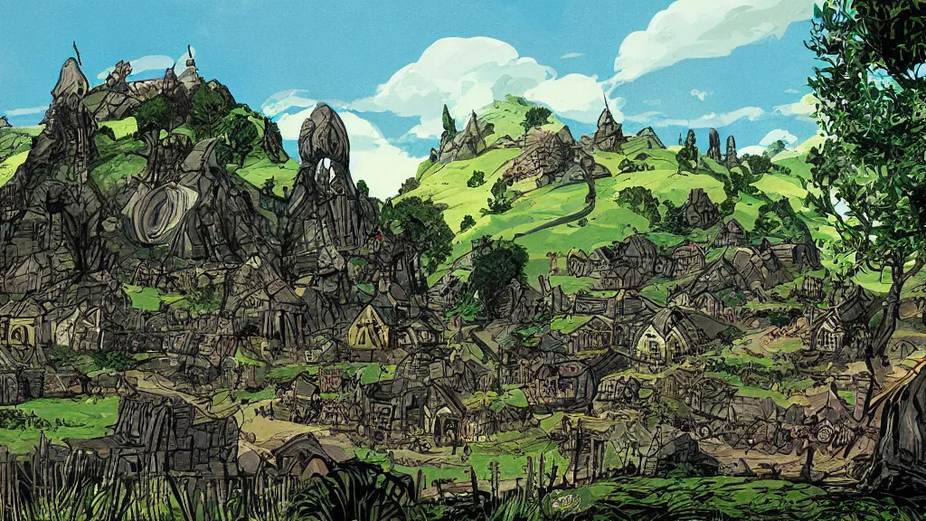 Image similar to a genndy tartakovsky illustration of the shire from lord of the rings