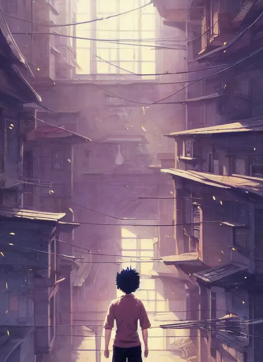 Image similar to highly detailed krillin standing outside building with a window with metal bars and naruto uzumaki with black hair behind them art by greg rutkowski, loish, rhads, ferdinand knab, makoto shinkai and lois van baarle, ilya kuvshinov, rossdraws, tom bagshaw, global illumination, radiant light, detailed and intricate environment