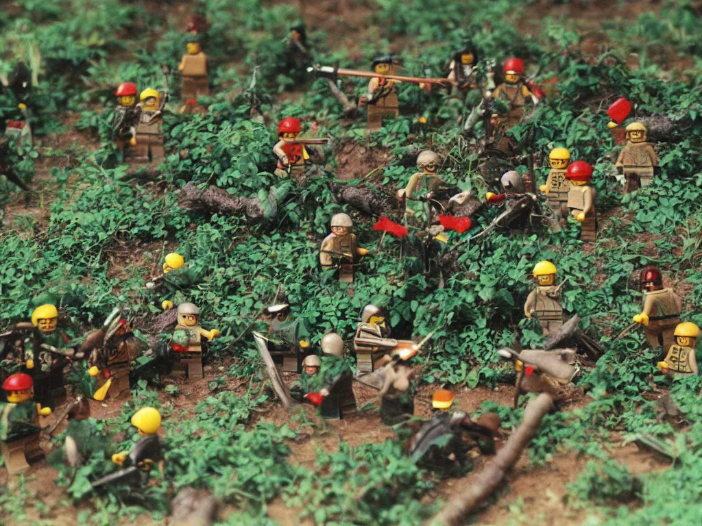 Prompt: vietnam war lego - figurines fighting in dense jungle, fog, vines, lot's of action, explosions, bullets flying, tracer bullets, blood, 1 9 7 0, military archive photo