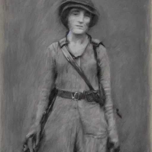 Image similar to ww 1 action heroine, by alfred stevens in charcoal