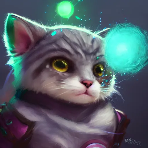 Image similar to close up of teemo from league of legends as a grey american shorthair cat, digital painting, particles floating background by marc simonetti, artwork by ross tran + ramond swanland + liam wong