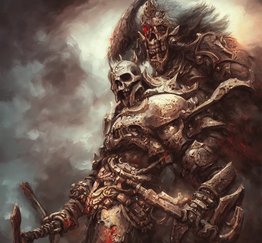 Image similar to barbarian overlord with skull mask, dark colors, acrilic paint, brush paint, heavenly atmosphere, paint, ultra detailed, beautiful image, resolution, artstation