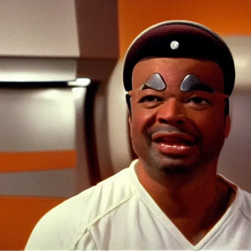 Image similar to Geordi LaForge wearing visor and a colander and random kitchen tools on his head