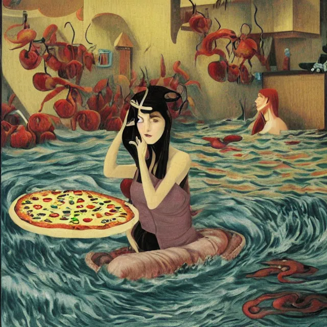 Image similar to tall female catgirl artist holding pizza in her flooded apartment, pomegranates, octopus, water gushing from ceiling, painting of flood waters inside an artist's apartment, a river flooding indoors, mushrooms, ikebana, zen, rapids, waterfall, black swans, canoe, berries, acrylic on canvas, surrealist, by magritte and monet