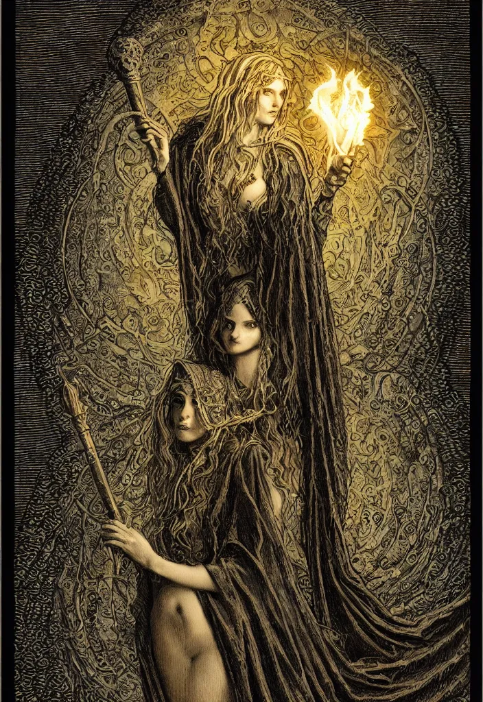 Prompt: tarot card of hecate the gloomy and beautiful goddess of witchcraft, torches, ancient keys, smokes, gustave dore, franklin booth, andrey remnev, trending on artstation, exquisite details, risography print, 4 k, 4 k