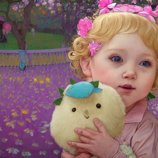 Prompt: a beautiful happy little blonde toddler girl with short curly hair at the park on a beautiful day in the shade, holding a round all-pink stuffed penguin, by Dan Mumford, Junji Murakami, Mucha Klimt, Hiroshi Yoshida and Craig Mullins, featured on Artstation, CGSociety, Behance HD, Deviantart