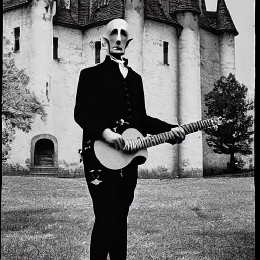 Prompt: vintage photograph of count orlok outside his castle, playing the blues on banjo, castle in the background, 4 k