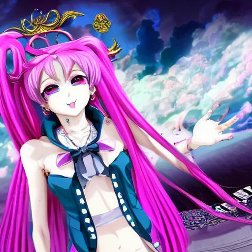 Image similar to trapped by stunningly beautilful omnipotent megalomaniacal anime asi goddess who looks like junko enoshima with symmetrical perfect face and porcelain skin, pink twintail hair and cyan eyes, taking control while smiling inside her surreal vr castle, hyperdetailed, digital art from danganronpa, 2 d anime style, 8 k