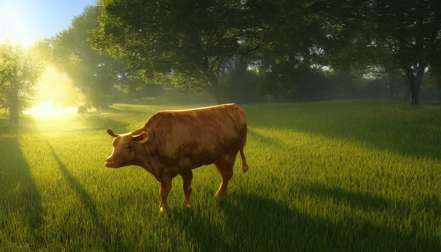 Prompt: golden cow in a green field, sunny day, reflections, wood, volumetric light, hyperdetailed, artstation, cgsociety, 8 k