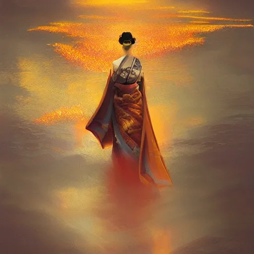 Image similar to beautiful geisha flying over a lake filed with molten gold, volume lighting, concept art, by greg rutkowski, dramatic, xray melting colors!!