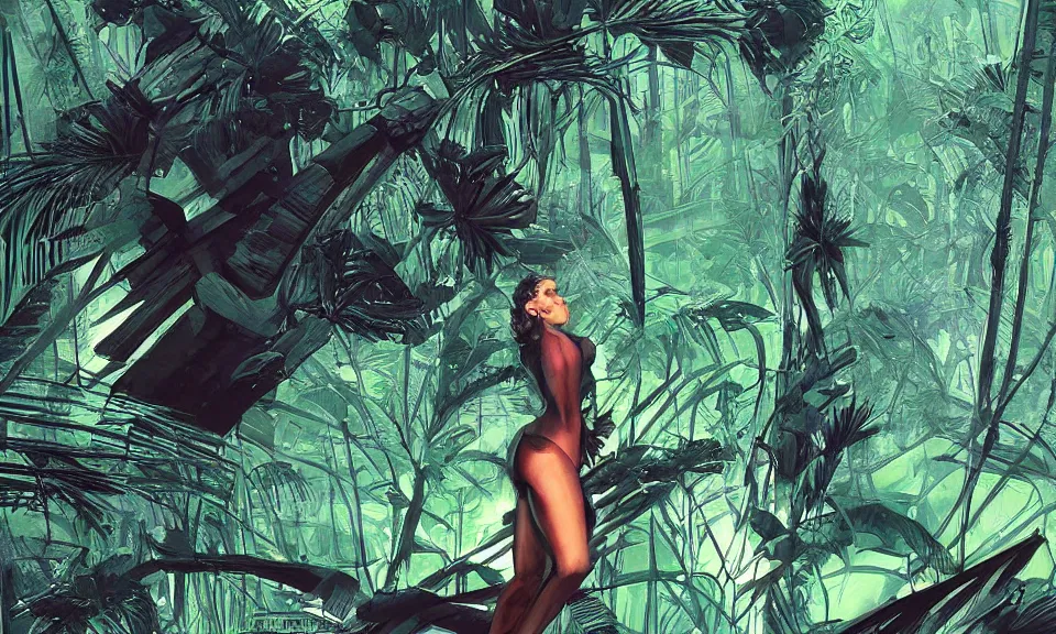 Prompt: digital art, birds eye view, massive woman sculpture a beautiful massive female statue hovering over a jungle at night, by syd mead, syd mead color scheme, sci - fi, arik roper, kirby krackle, concept art