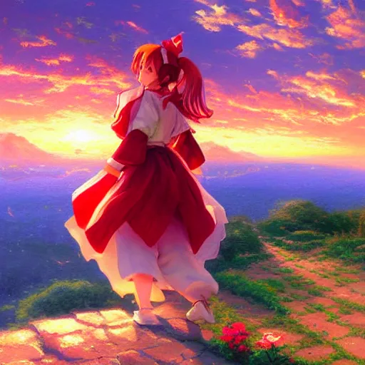 Prompt: woman reimu hakurei from touhou watching the sunset, by wlop, by thomas kinkade, expressive oil painting, matte art