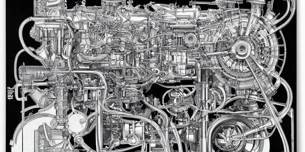 Prompt: f1 engine cutaway scientific illustration by Ernst Haekel highly detailed by jean giraud moebius engineering black and white chrome