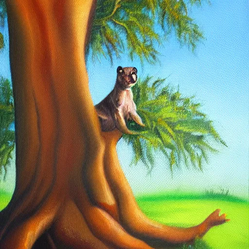 Image similar to beautiful oil painting of george sitting on a tree, day light, sunlight swamp, award - winning, matte,