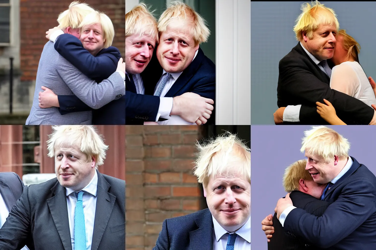 Prompt: photo of Boris Johnson passionately hugging his twin Boris Johnson reunited in love after years apart