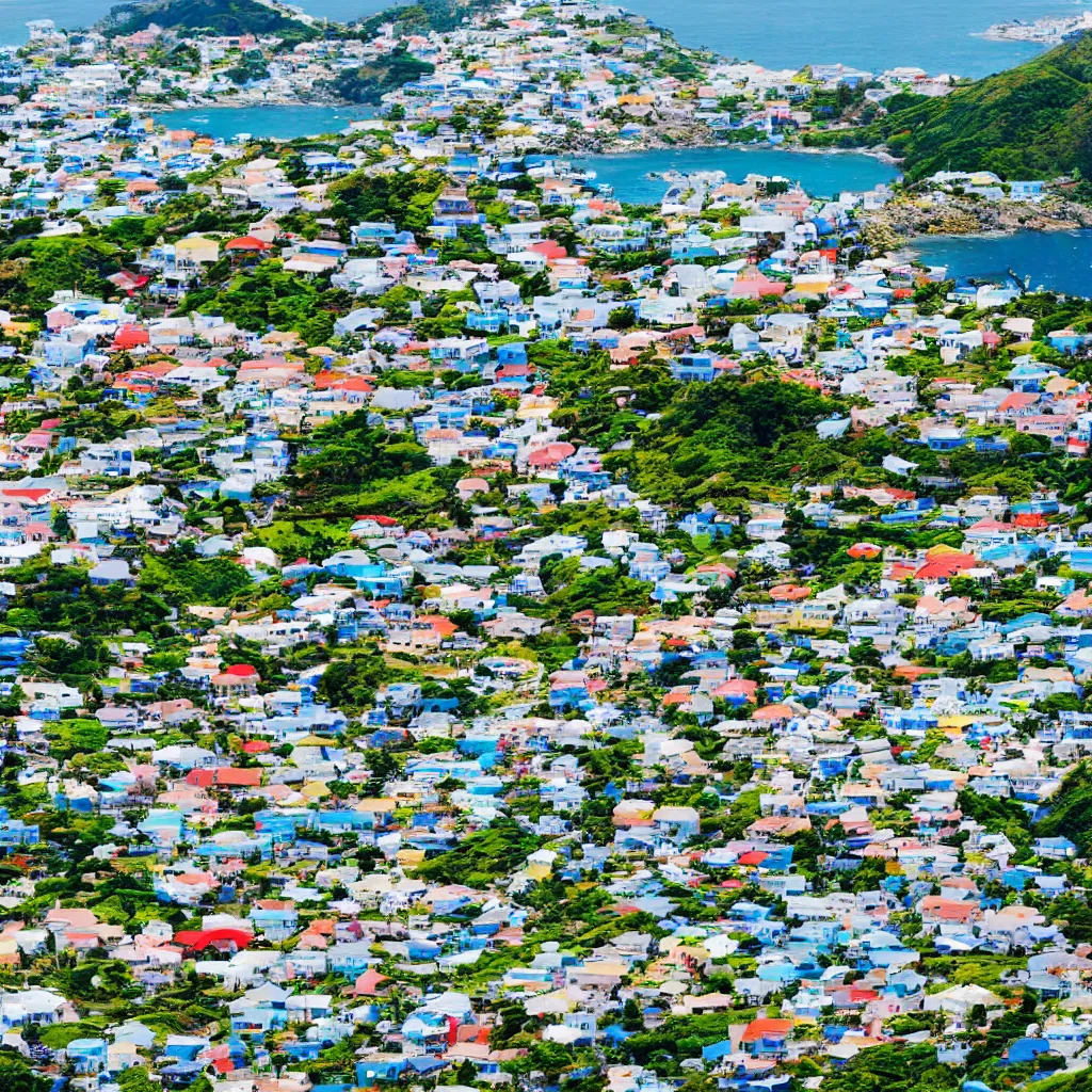 Image similar to down angled view of an anime town, ocean, town, beach, hills