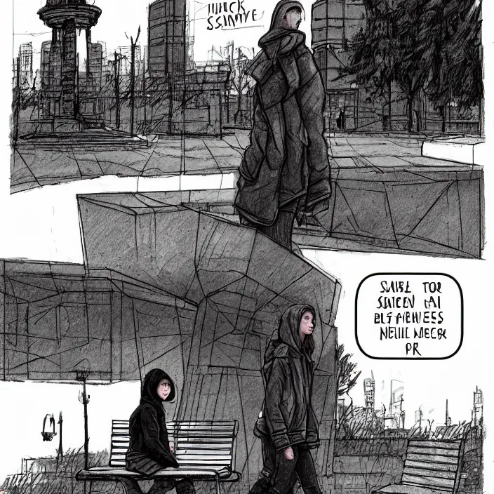 Image similar to storyboard : sadie sink in hoodie sat down on bench in ruined square, pedestrians walk by, old soviet monument nearby. scifi cyberpunk. drawn by gabriel hardman. cinematic atmosphere, detailed and intricate, perfect anatomy