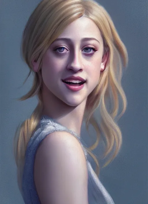 Image similar to portrait of lili reinhart with fluffy bangs, smiling kindly, bangs, 1 9 6 0 s, ponytail, curly bangs and ponytail, rounder face, intricate, elegant, glowing lights, highly detailed, digital painting, artstation, concept art, smooth, sharp focus, illustration, art by wlop, mars ravelo and greg rutkowski