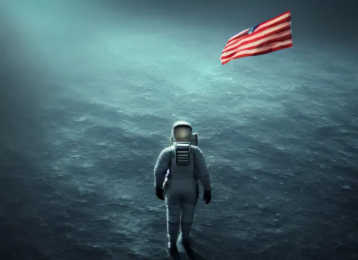 Image similar to astronaut holding a flag in an underwater desert. a submarine is visible in the distance. dark, concept art, cinematic, dramatic, atmospheric, 8 k, trending on artstation, blue, fish, low visibility, fog, ocean floor, christopher nolan, interstellar