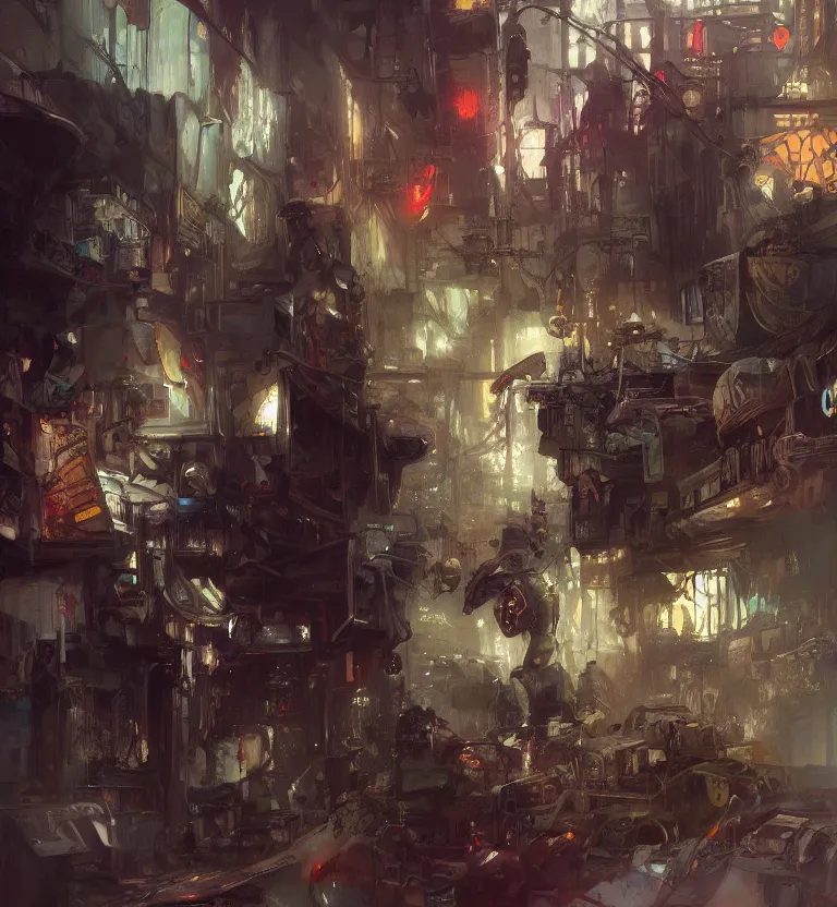 Image similar to a painting of death dealer junkyard cyberpunk, by jeremy mann, krenz cushart, artem demura, alphonse mucha, intricate, elegant, highly detailed, digital painting, artstation, concept art, smooth, sharp focus, illustration, art