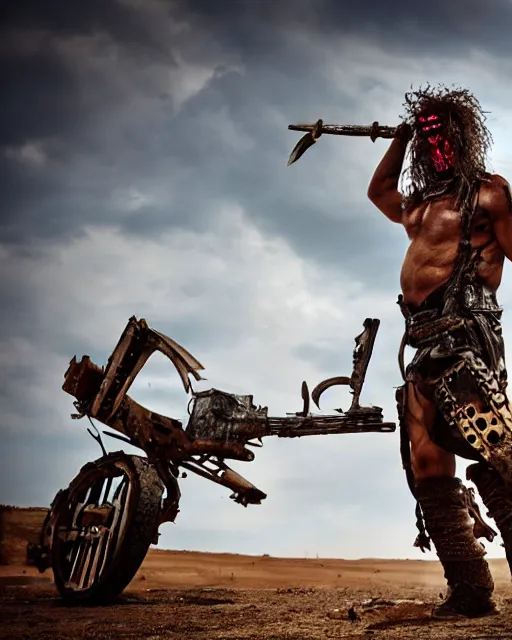 Image similar to photoshoot of the post apocalyptic warrior giant master blaster, in the style of mad max beyond the thunderdome and director george miller, cinematic