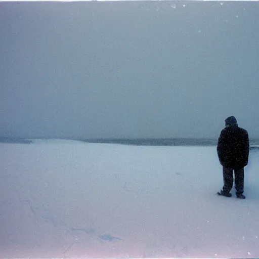 Image similar to photo of green river, wyoming cliffs covered in ice and snow, during a snowstorm. a old man in a trench coat and a cane appears as a hazy silhouette in the distance, looking back over his shoulder. cold color temperature. blue hour morning light, snow storm. hazy atmosphere. humidity haze. kodak ektachrome, greenish expired film, award winning, low contrast.