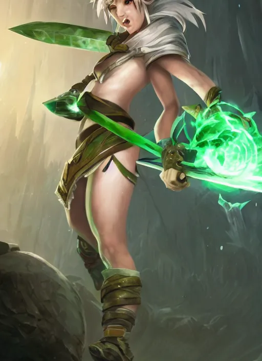 Image similar to riven from league of legends, au naturel, the exiled, fighting with green sword, hyper detailed, digital art, trending in artstation, cinematic lighting, studio quality, smooth render, unreal engine 5 rendered, octane rendered, art style by klimt and nixeu and ian sprigger and wlop and krenz cushart