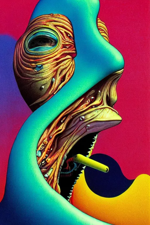 Prompt: a colorful vibrant closeup portrait of a phantom of the paradise licking a tab of lsd acid on his tongue and dreaming psychedelic hallucinations, by kawase hasui, moebius, edward hopper and james gilleard, zdzislaw beksinski, steven outram colorful flat surreal design, hd, 8 k, artstation