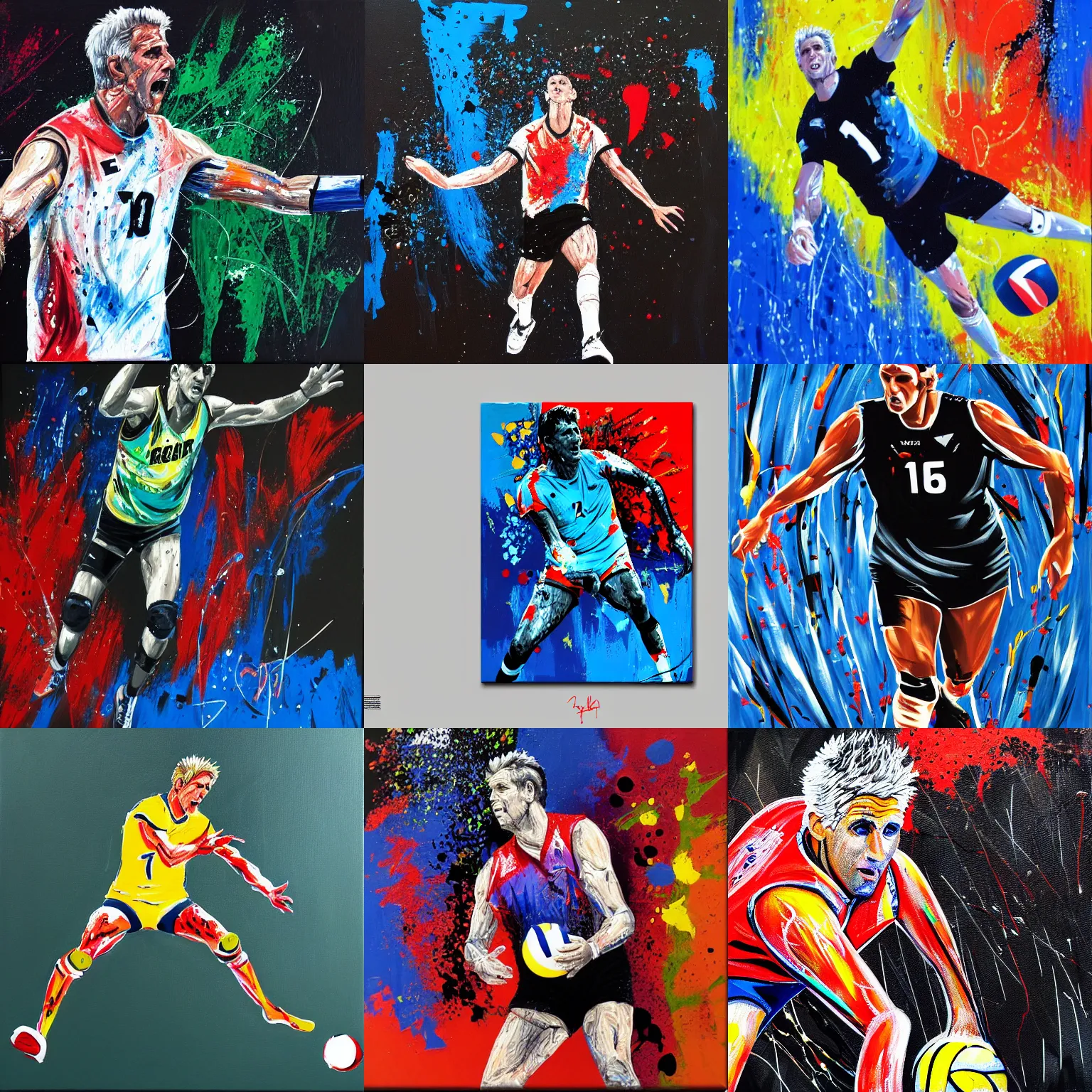 Prompt: karch kiraly, volleyball spike, fast action, acrylic on canvas, splattered paint, black background, trending on artstation