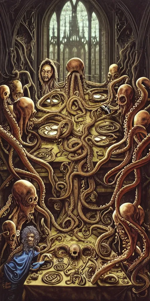 Image similar to group of mages with human bodies and octopus heads sitting near the table with magical artifacts in an ancient mage castle with enormous scale, gothic and baroque, brutalist architecture, ultradetailed, Intricate by John Howe and Josan Gonzalez and James Jean and Giuseppe Arcimboldo