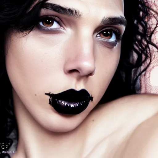 Image similar to gal gadot as a goth woman, close up shot, black hair, pale skin, sensual, beautiful soft light failling on her face, studio photography, nikon 3 5 mm portrait photography, ultra realistic