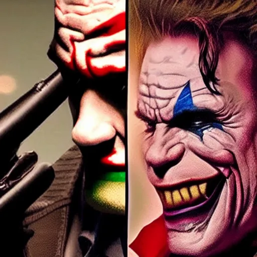 Image similar to awe inspiring Arnold Schwarzenegger as The Joker 8k hdr movie still dynamic colorful lighting