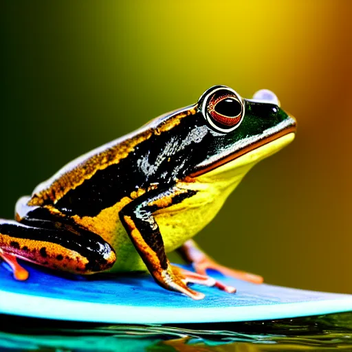 Prompt: photograph of a frog on a surfboard, catching a wave, high quality, clean, sharp focus, enhanced colors, hd, 8k