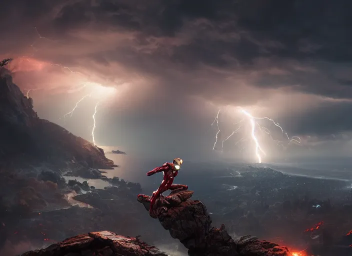 Image similar to iron man, beautiful landscape, lightning storm, dramatic lightning, cinematic, establishing shot, extremly high detail, photorealistic, cinematic lighting, epic fight scene, post processed, concept art, artstation, matte painting, style by greg rutkowsky