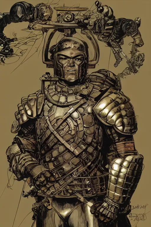 Prompt: head and torso portrait of jocko willink as huge armoured warrior wearing a cape in the style of marvel's jack kirby, dynamic action, by lawrence alma tadema and zdzislaw beksinski and norman rockwell and tom lovell and greg staples and john william waterhouse